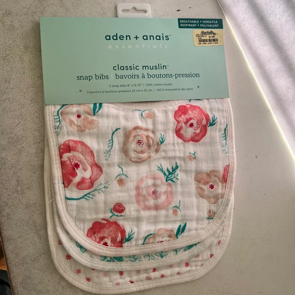 Aden + Anais Essentials Classic Muslin Snap Bibs 3-Pack Floral Pink White NWT